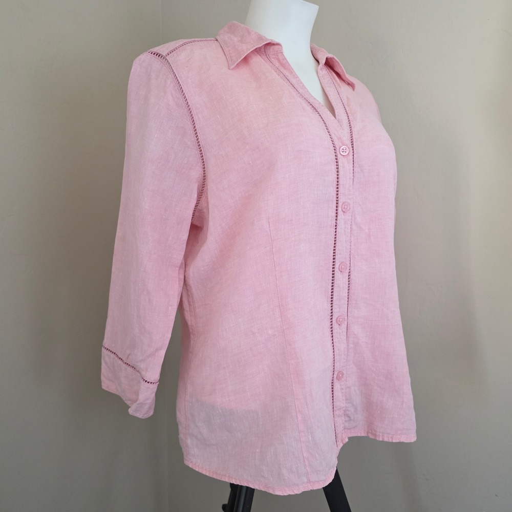 Eddie Bauer Womens Pink 100% Linen Ladder Stitch 3/4 Sleeve‎ Button Up Shirt M